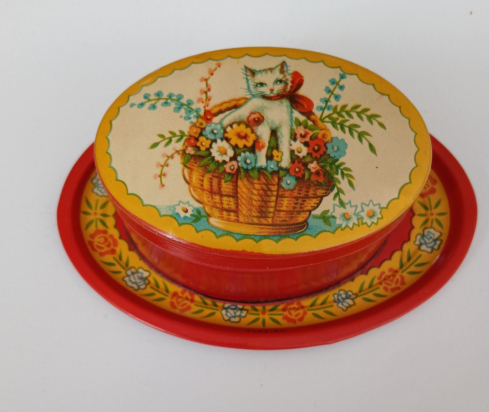 Vintage Ovaal Blikken Doosje Met Katje / Bloemen En Dienblad, Ophalen of Verzenden, Zo goed als nieuw, Overige