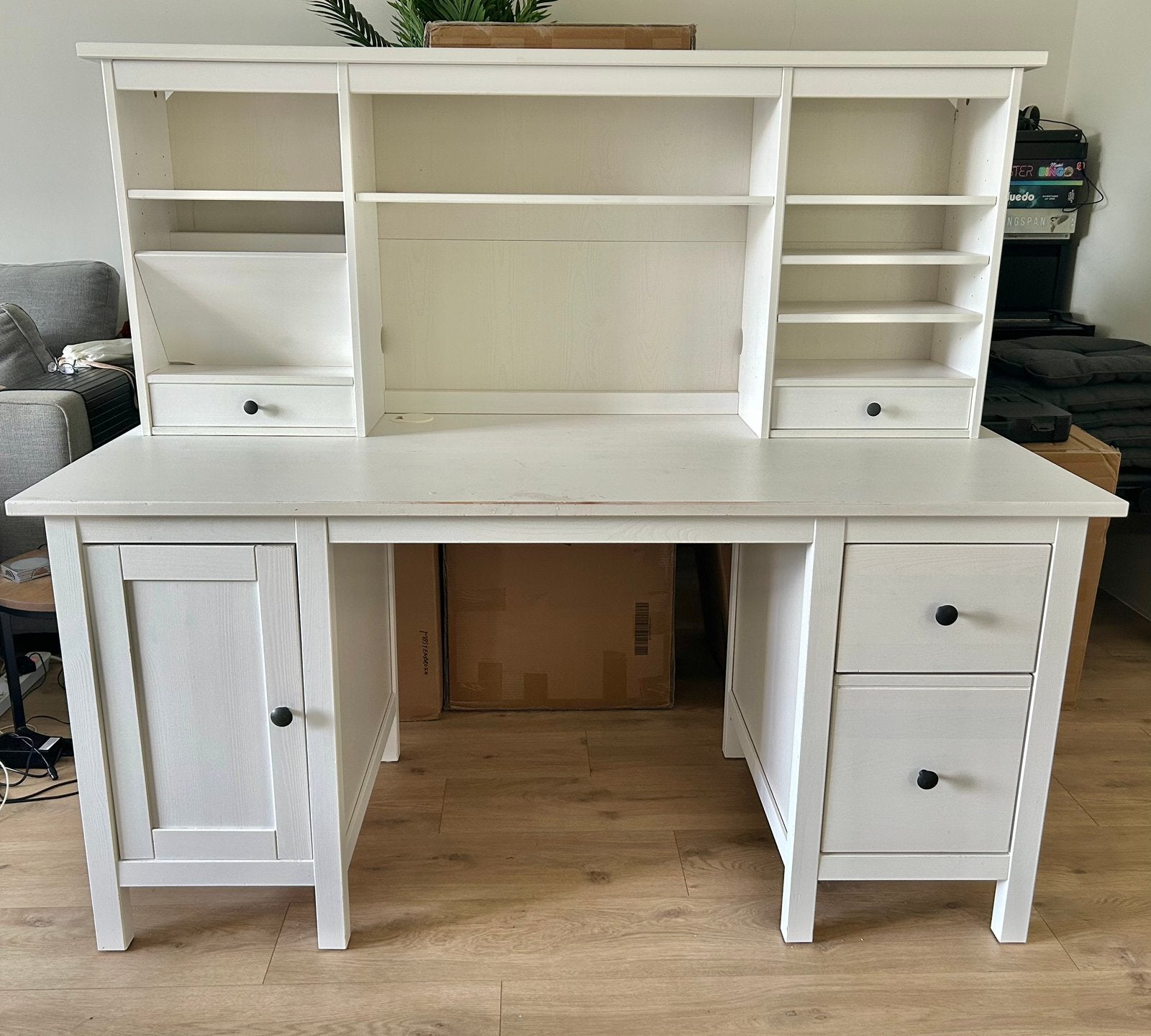 Wit massief IKEA Hemnes bureau, Ophalen, Gebruikt, 155 cm, Opzetstuk