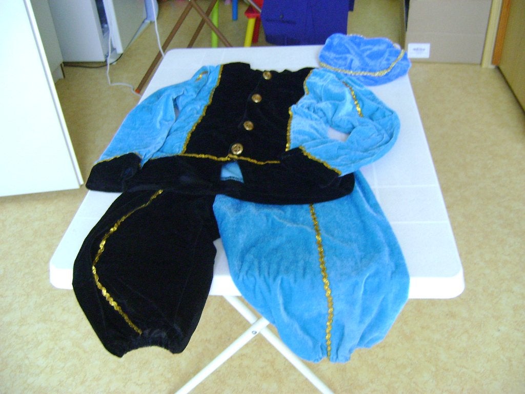 3del pietenpak zwart/blauw velours met pet mt140 goud biesje, Ophalen of Verzenden, Zo goed als nieuw
