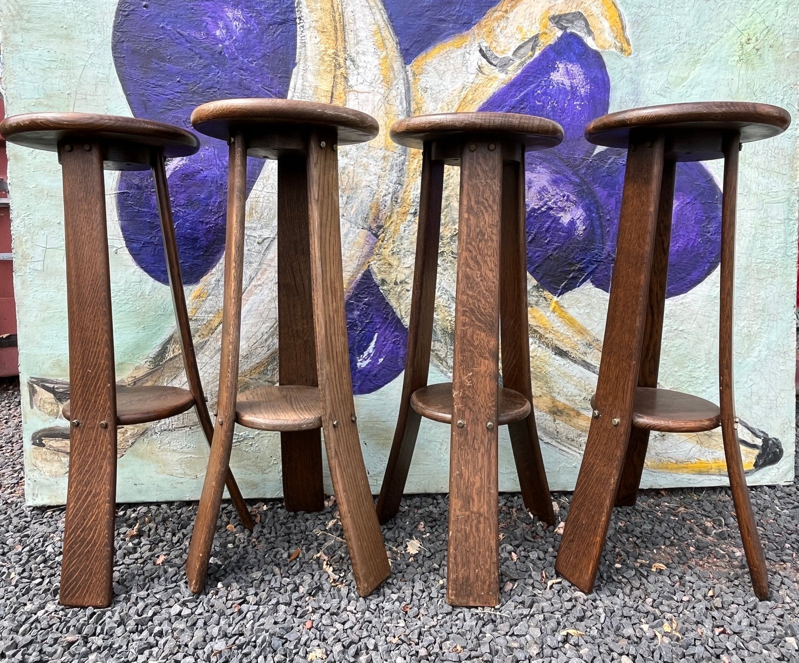 4x vintage brutalistische eiken barkrukken., Huis en Inrichting, 4 krukken, Ophalen, Gebruikt, 60 tot 90 cm