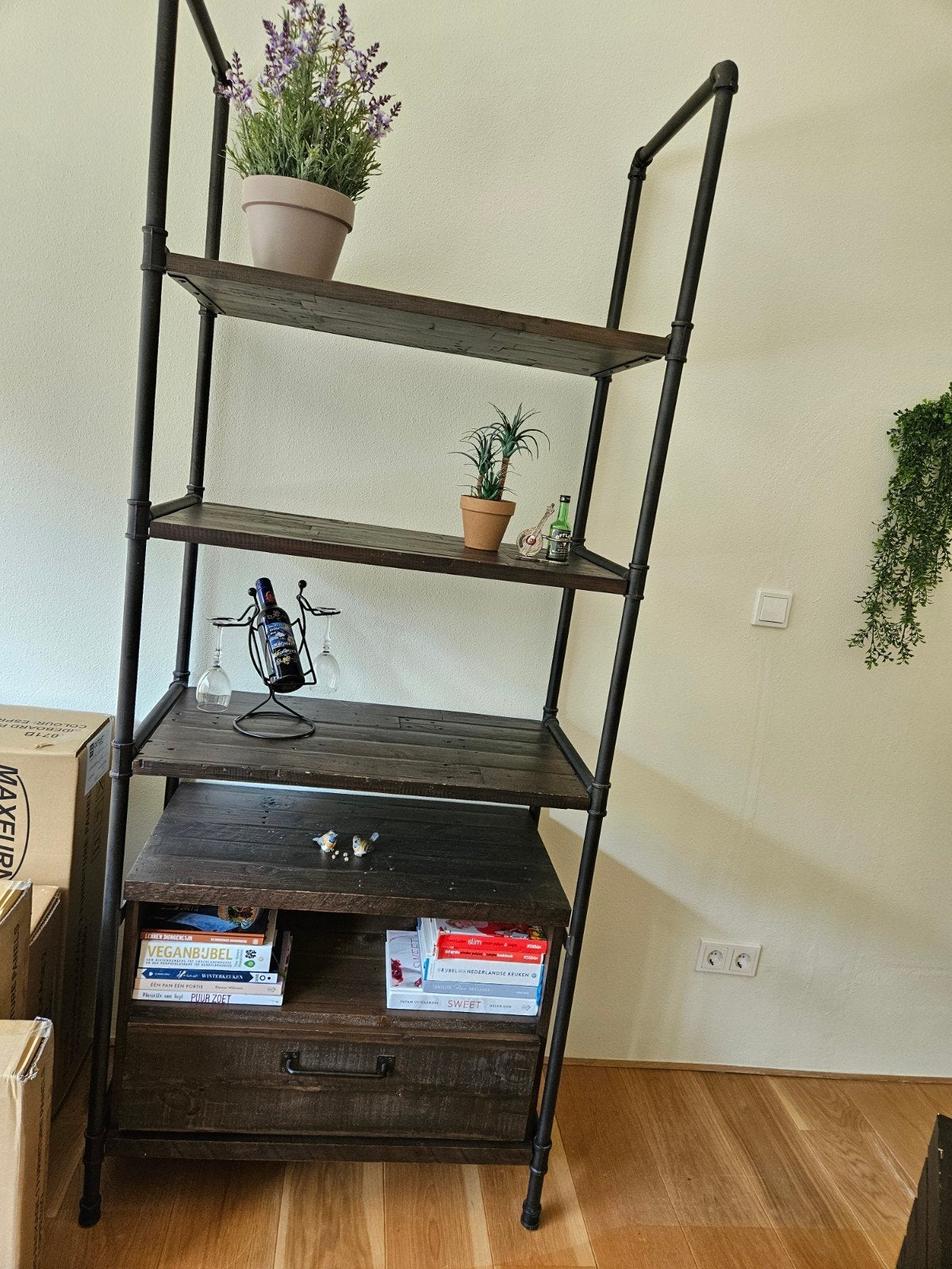 Industriële Boekenkast met Lades en Planken, Met plank(en), 200 cm of meer, 50 tot 100 cm, Zo goed als nieuw