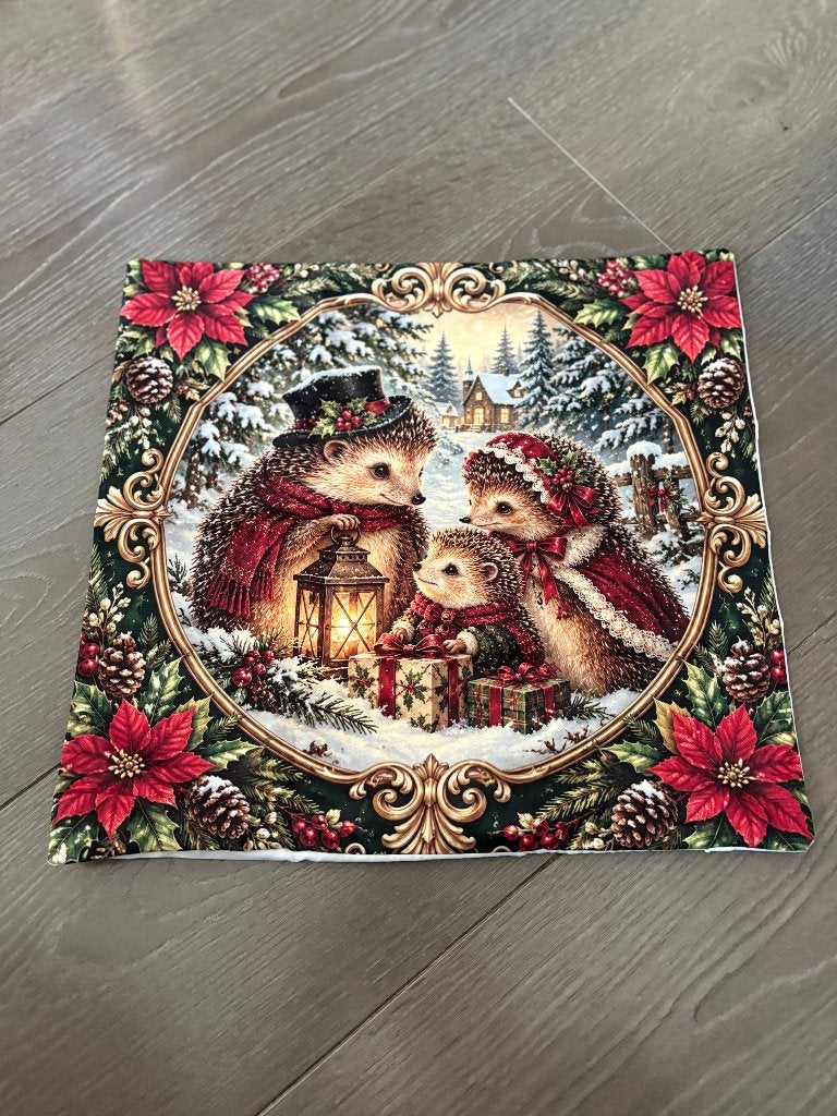 Nieuwe Vintage Kerst Egel Familie Sierkussenhoes 40x40cm, Afneembare hoes, Meerkleurig, Nieuw, Ophalen of Verzenden