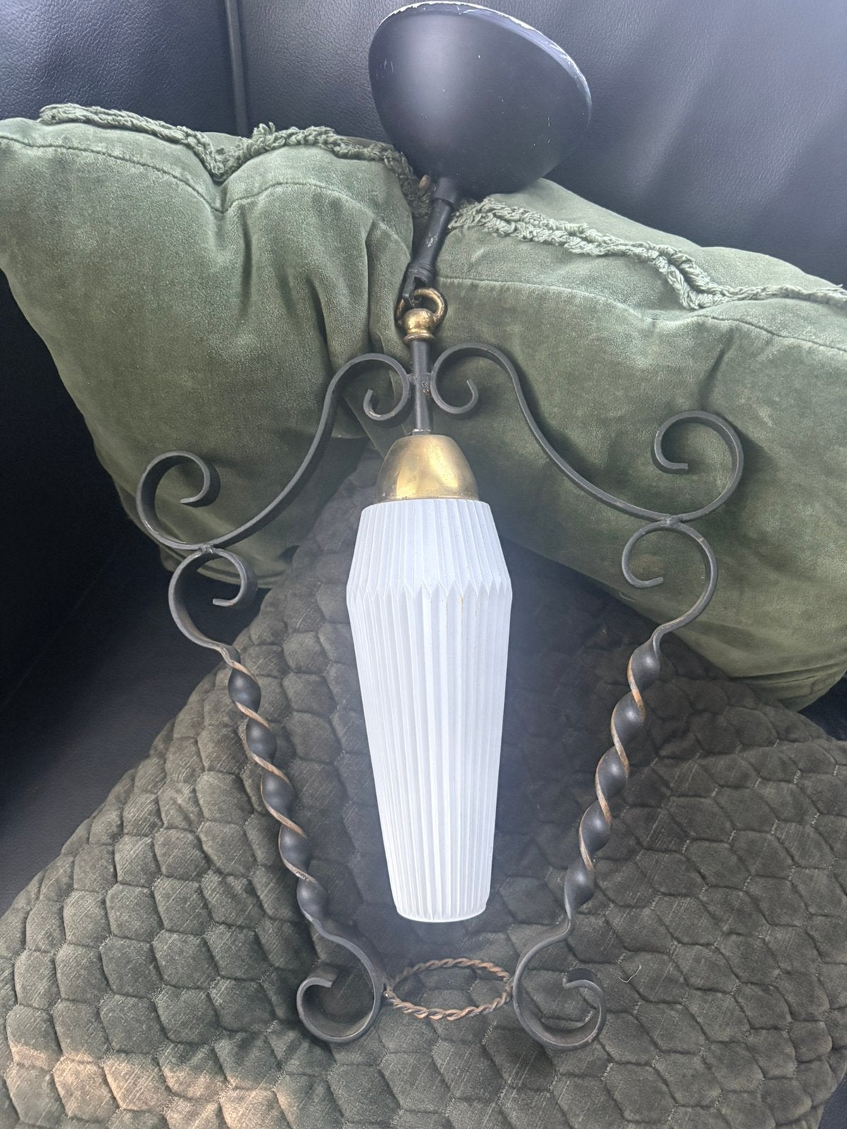 Vintage jaren 50 plafond lamp smeedijzer, messing glas, Ophalen of Verzenden, Glas