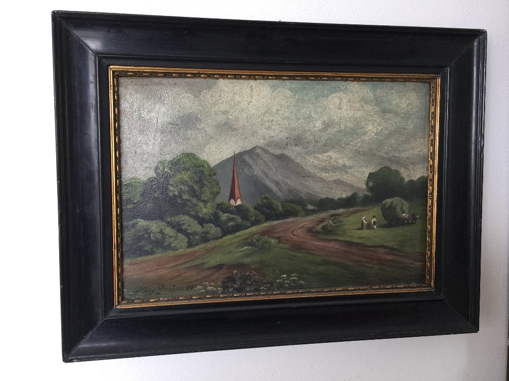 Fraai schilderij begin 20ste eeuw, buitenmaat 40 cm x 36 cm, Antiek en Kunst, Paneel, Landschap, Olieverf, Klassiek