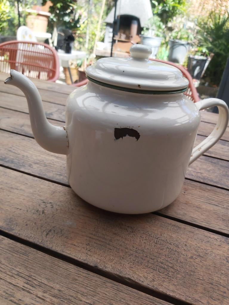 Vintage Emaille Koffiepot - Crème met Groene Rand, Antiek en Kunst, Antiek | Emaille, Ophalen