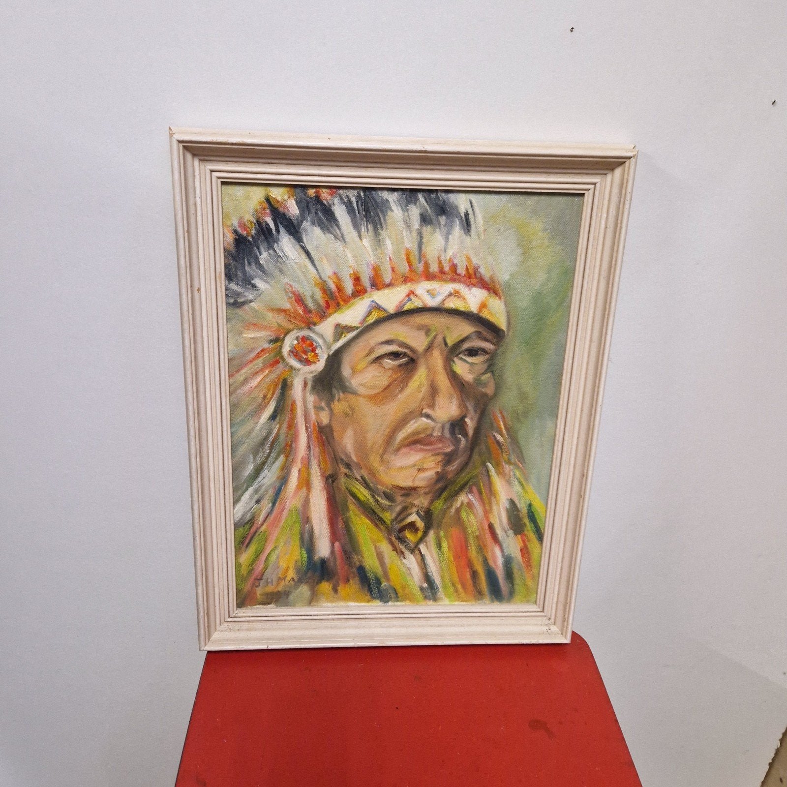 Schilderij Indiaan met hoofdtooi - Gesigneerd, Antiek en Kunst, Ophalen of Verzenden