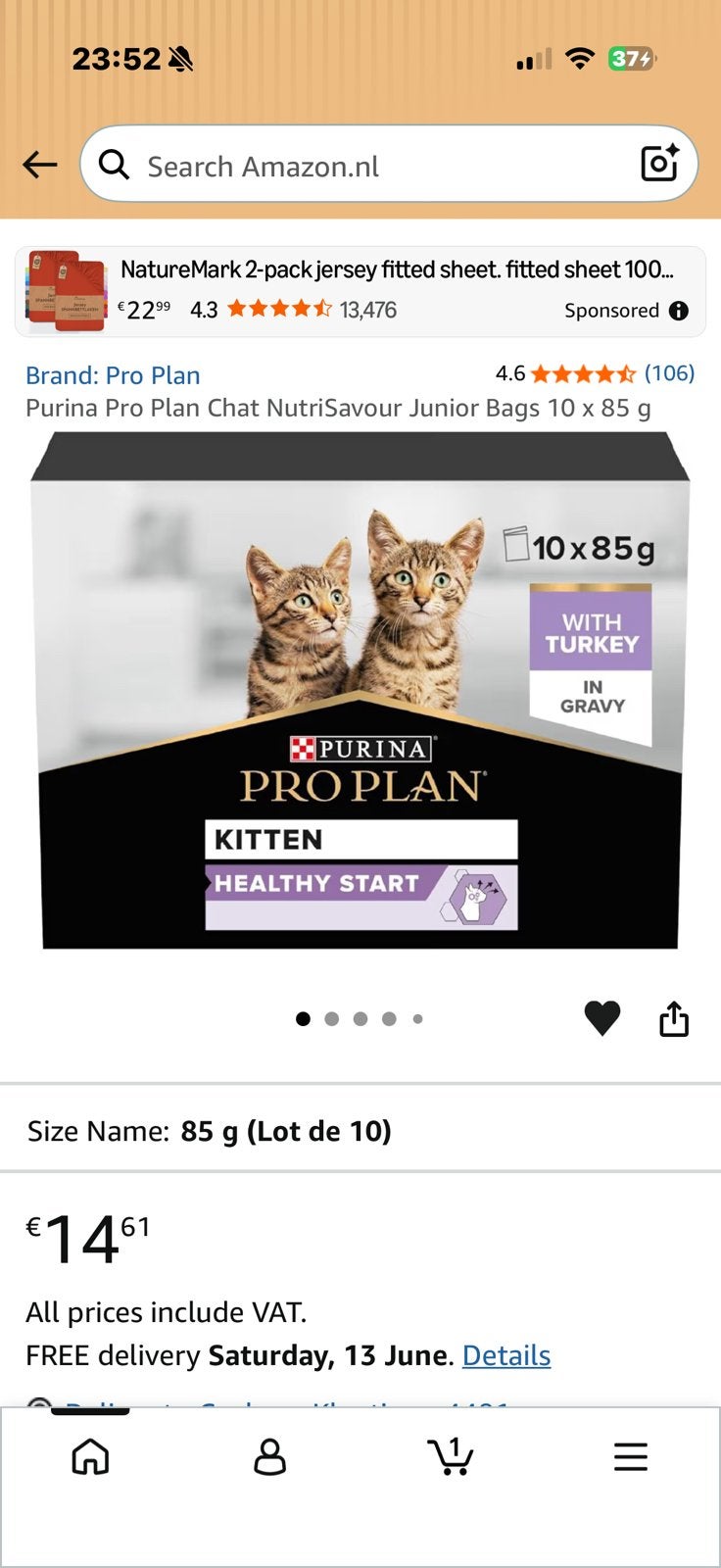 Purina Pro plan kitten natvoer, Ophalen of Verzenden, Kat