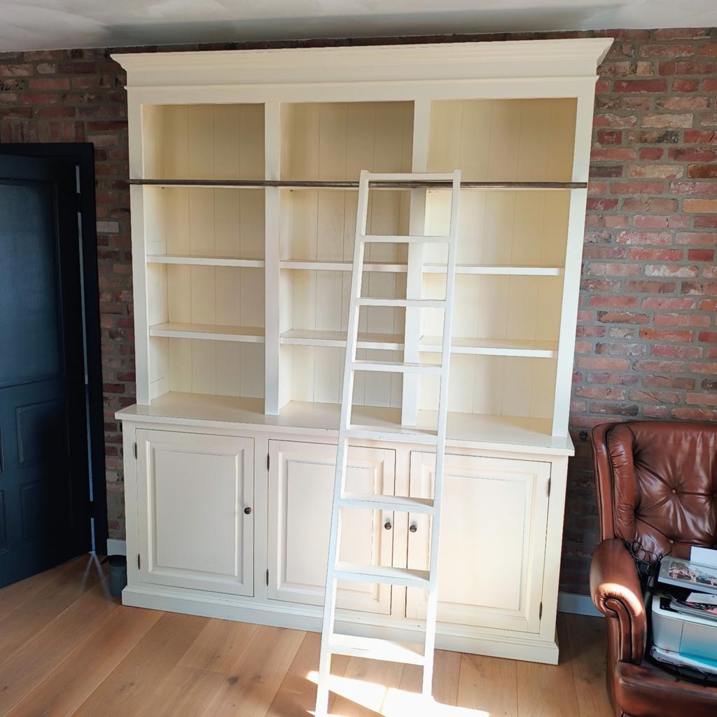 Grote landelijke witte  boekenkast met ladder, Ophalen, 200 cm of meer, 200 cm of meer, Landelijke stijl