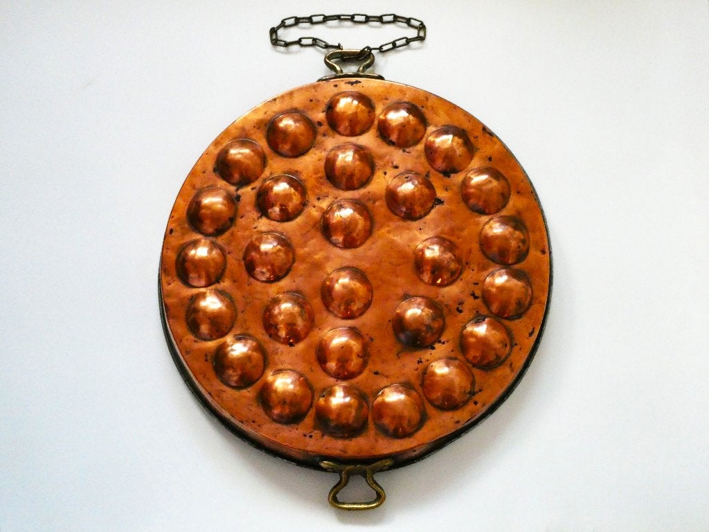 Grote antieke roodkoperen poffertjespan pan van ca. 1900, Ophalen of Verzenden, Koper