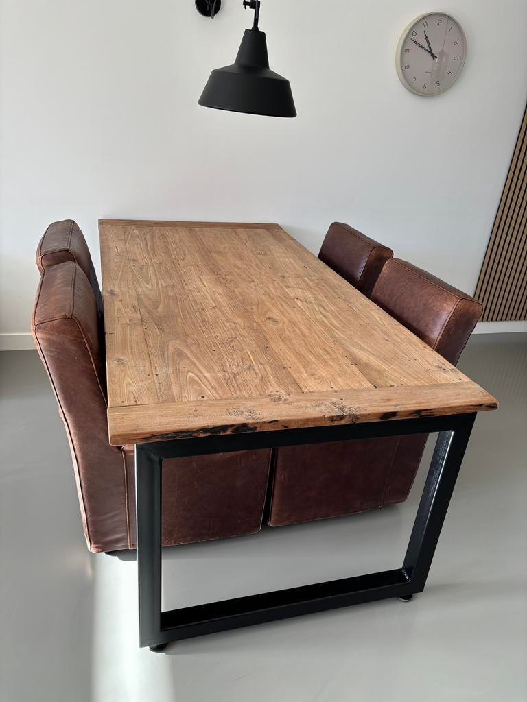 Set van 6 leren eetkamerstoelen op wielen, Huis en Inrichting, Ophalen, Gebruikt, Bruin, Leer