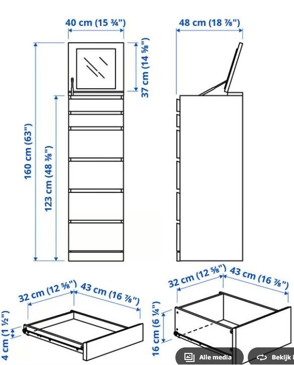 Malm Ladekast 6 lades, wit/spiegelglas, 40x123 cm, Huis en Inrichting, Ophalen, 50 tot 100 cm, Zo goed als nieuw, 3 of 4 laden