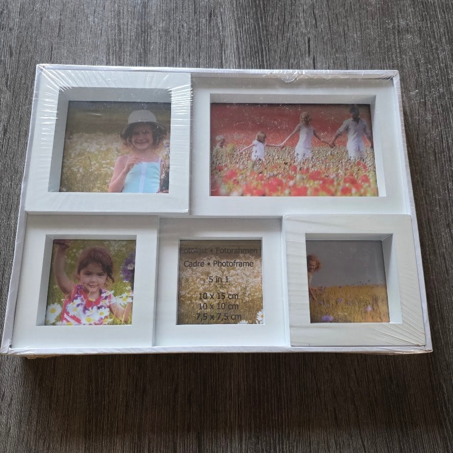 Witte fotolijst voor 5 foto's - nieuw in verpakking, Audio, Tv en Foto, Fotografie | Fotolijsten, Wit, Collagefotolijst, Met glas
