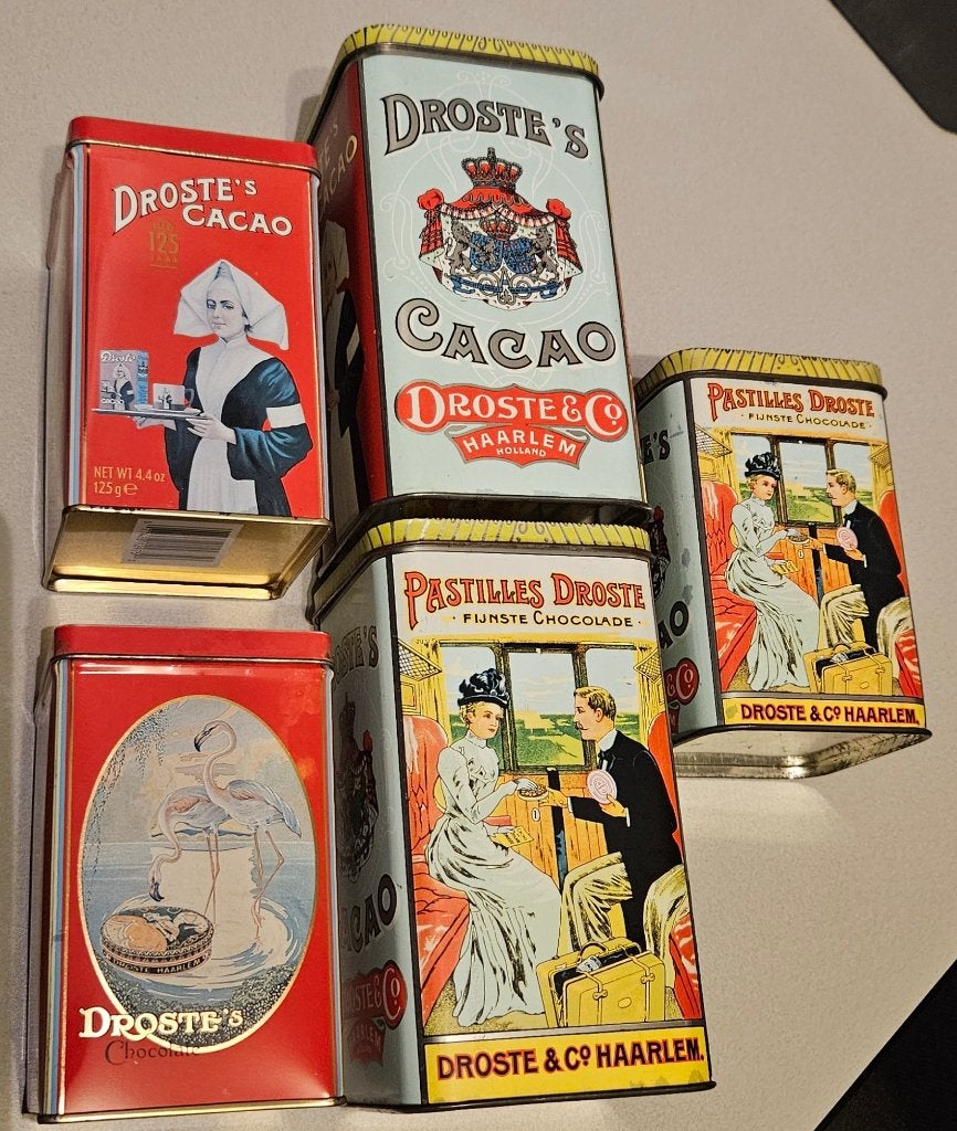 Droste trein coupé & flamingo 7 cacao blikken vintage gaaf !, Ophalen of Verzenden, Zo goed als nieuw, Overige, Droste