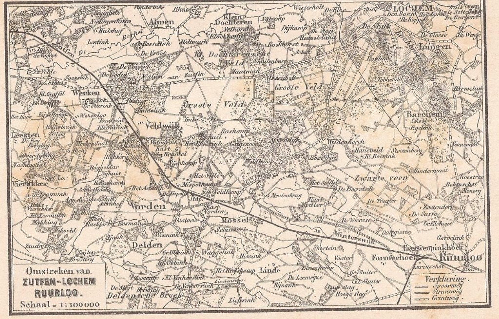 Omstreken van Zutfen - Lochem -Ruurlo Kaartje Craandijk 1884, 10 cm, Origineel, 1800 - 1899, Cartografie