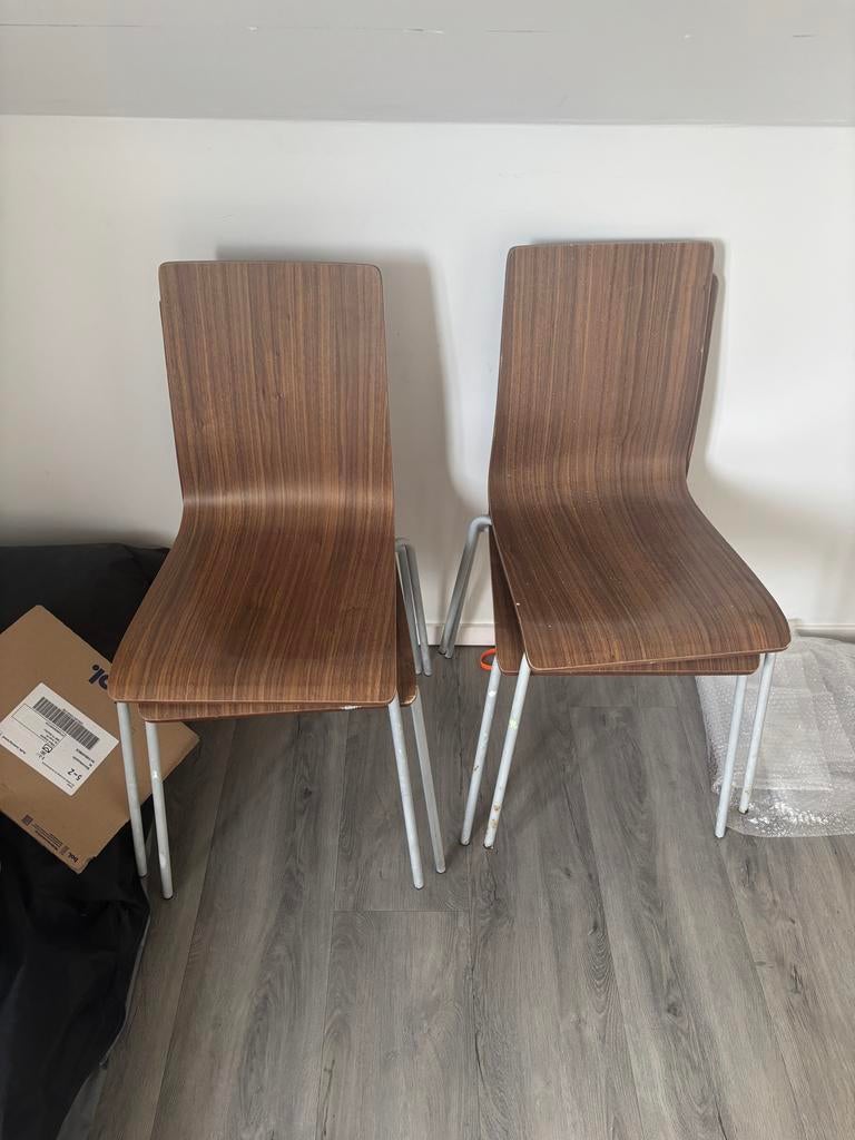 Set van 4 houten stoelen met metalen onderstel, Ophalen, Gebruikt, Bruin, Vier