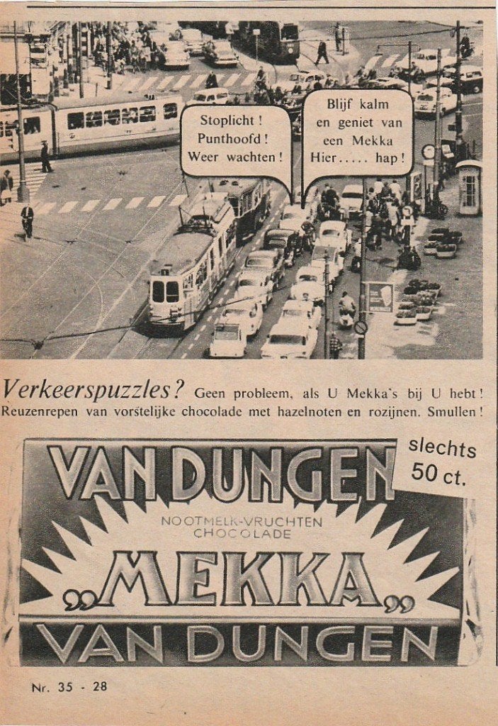 retro reclame 1962 Van Dungen chocola trams en auto's, Verzenden, Overige typen
