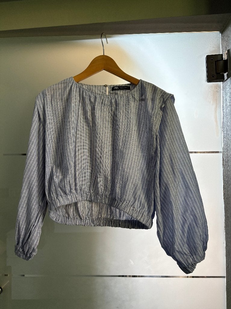 Gestreepte Zara Cropped Blouse met Linnen & Ballonmouwen, Maat 38/40 (M), Blauw, Zara, Ophalen of Verzenden