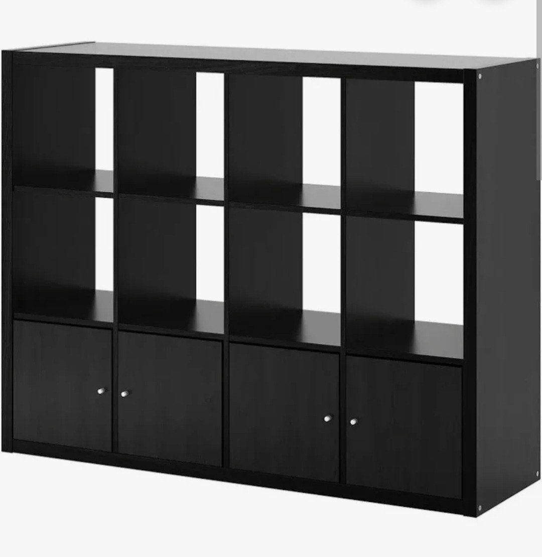 IKEA Kallax Kast Zwart - 12 vakken met 4 deuren, Ophalen, 100 tot 150 cm, Modern, Scandinavisch, Minder dan 100 cm