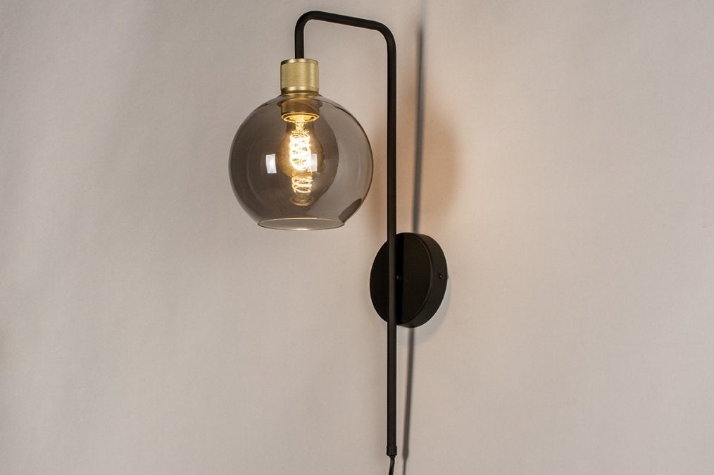 wandlamp messing zwart rookglas bol dressoir bed tafel lamp, Ophalen of Verzenden, Nieuw