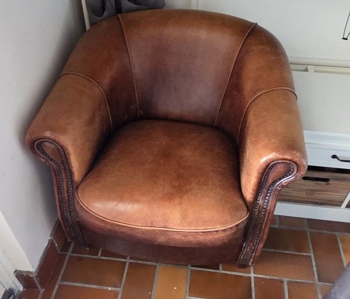 Joris schapenlederen fauteuil, Huis en Inrichting, Ophalen, Eenpersoons, 75 tot 100 cm, Zo goed als nieuw