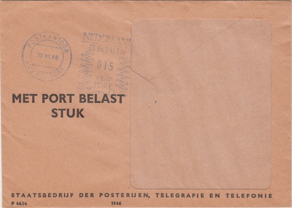 Nederland Vensterenveloppe PTT met port belast stuk 1966, Ophalen of Verzenden, Briefkaart