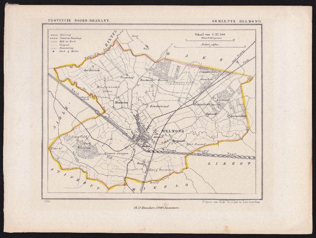 origineel, net Kuyperkaartje van de gemeente Helmond, 1866, Boeken, Atlassen en Landkaarten, Gelezen, Ophalen of Verzenden, Landkaart
