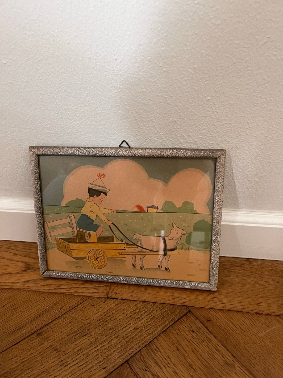 Brocante nostalgisch Schilderij kinderkamer 23x17cm, Minder dan 50 cm, Gebruikt, Ophalen of Verzenden, Schilderij