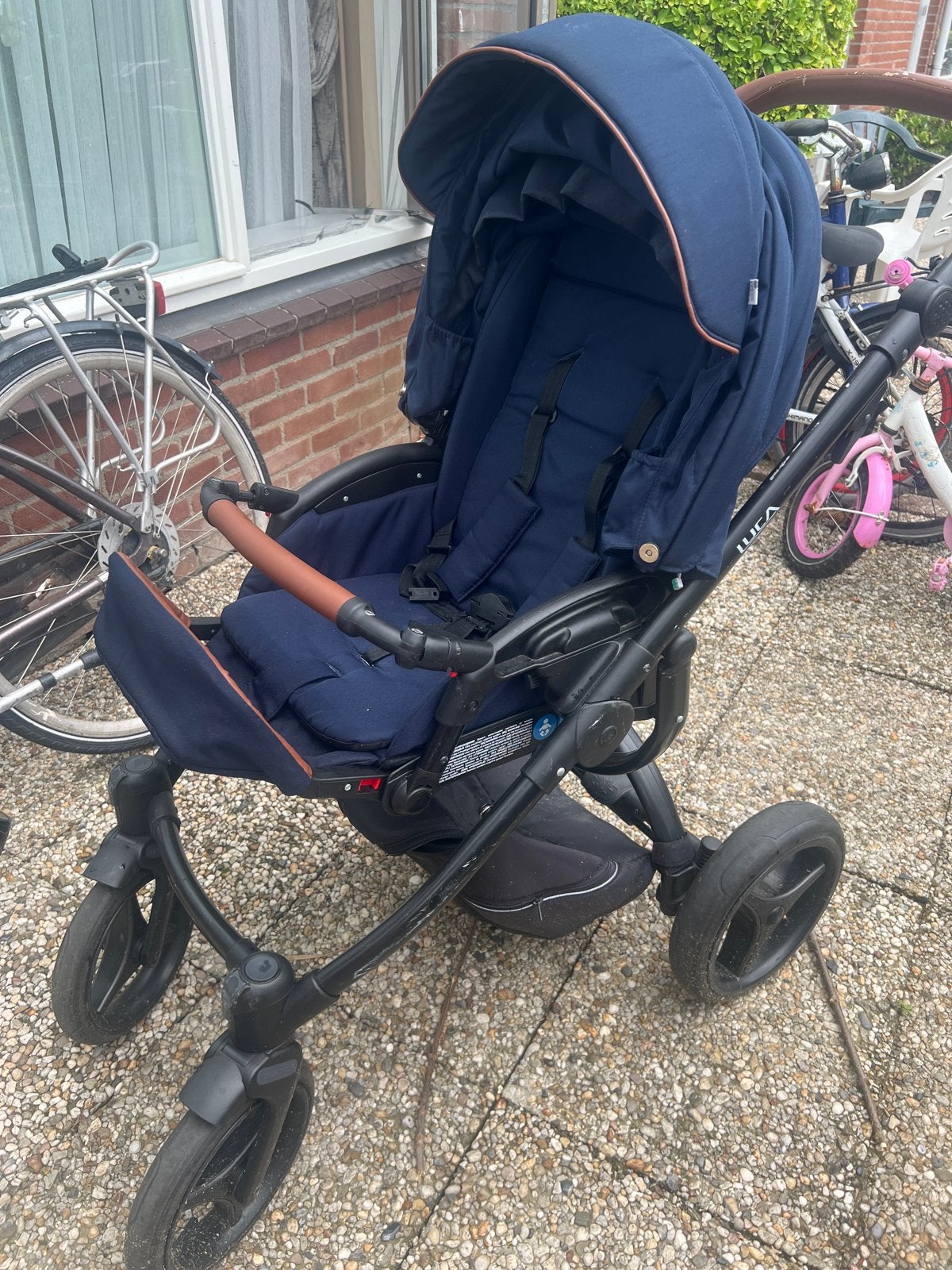 Mooie Kinderwagen Luca - Blauw met bruine accenten, Ophalen of Verzenden, Gebruikt, Kinderwagen, Overige merken