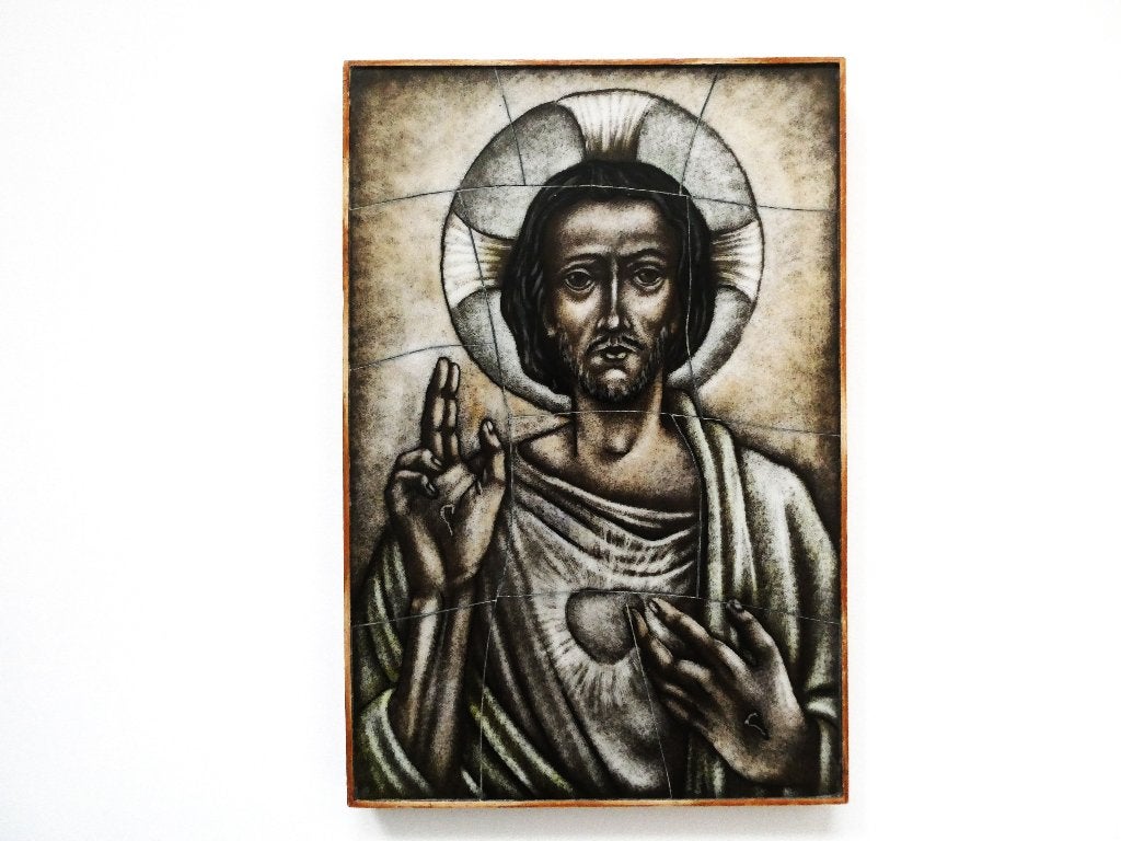 Opaline gebrandschilderd glazen icoon met Jezus Heilig Hart, Antiek en Kunst, Ophalen of Verzenden