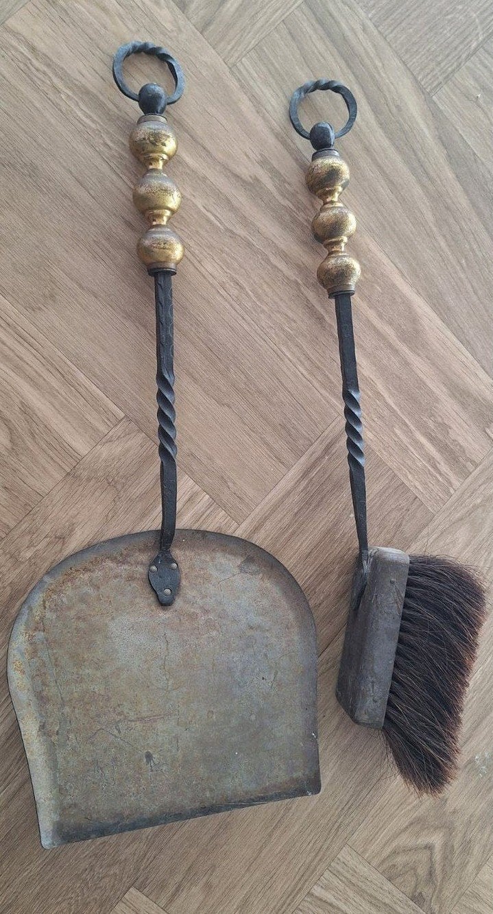 Sfeervolle vintage haardset (schep en borstel) – smeedijzer, Ophalen of Verzenden