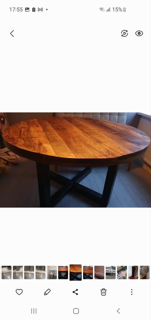Ronde eettafel van mangohout met metalen onderstel, Huis en Inrichting, Tafels | Eettafels, Overige houtsoorten, Rond, Industrieel, Modern