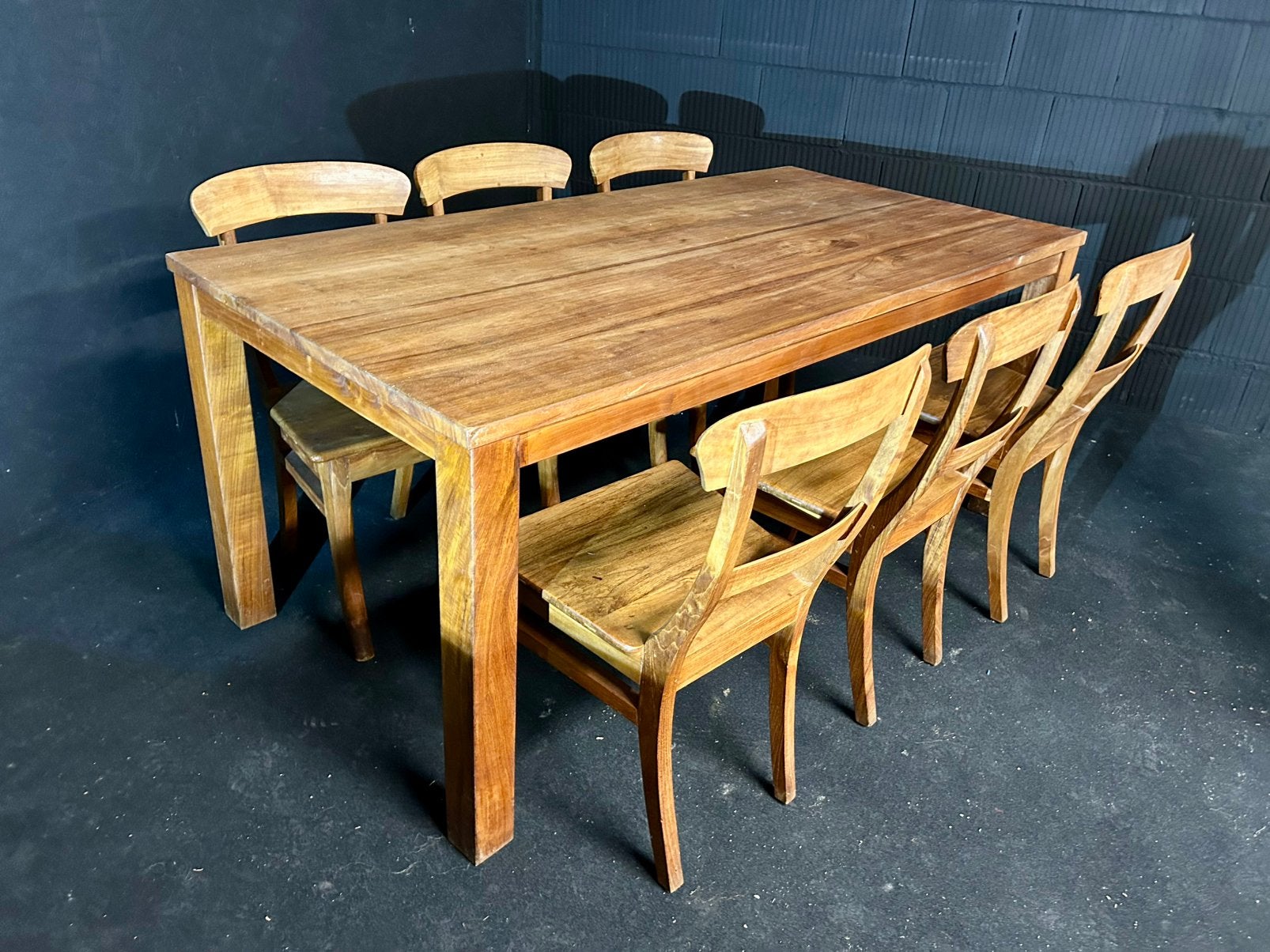 Massief teakhouten eettafel met 6 teakhouten stoelen, Ophalen, Teakhout, 50 tot 100 cm, Zo goed als nieuw