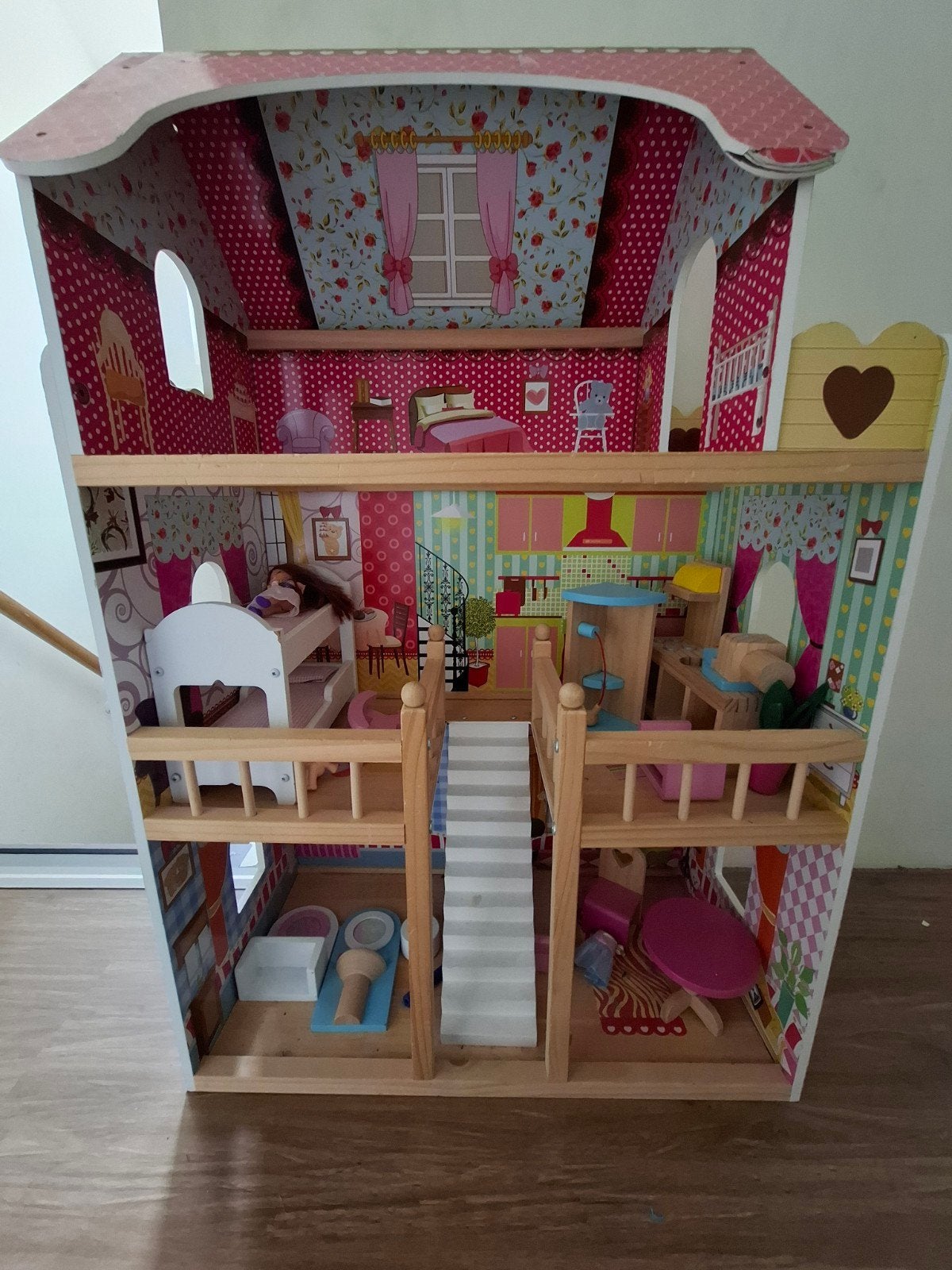 Groot houten poppenhuis met meubels, Ophalen, Gebruikt, Poppenhuis