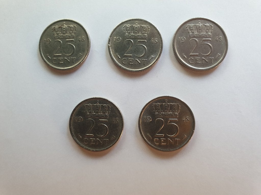 Kwartjes 1948 (5x), Verzenden, Koningin Wilhelmina, 25 cent