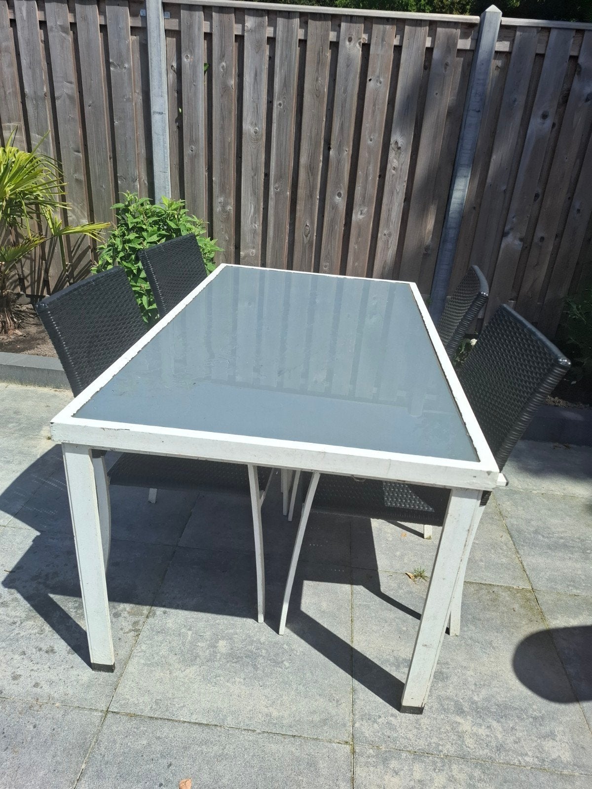 Tuinset: Tafel met glazen blad en 4 stoelen, Ophalen, Gebruikt, Rechthoekig, Aluminium