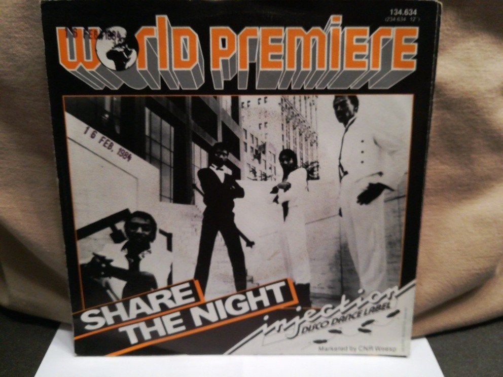 World Premiere - Share the night (DISCO FUNK 1984), Gebruikt, 7 inch, Ophalen of Verzenden, Beschermende buitenhoes