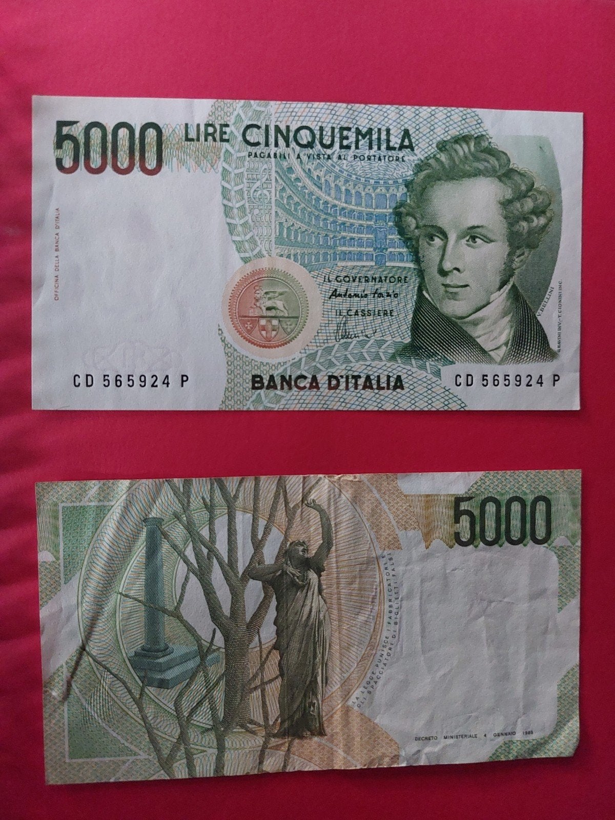5000 Italiaanse Lire biljet - Vincenzo Bellini, Ophalen of Verzenden, Italië, Los biljet