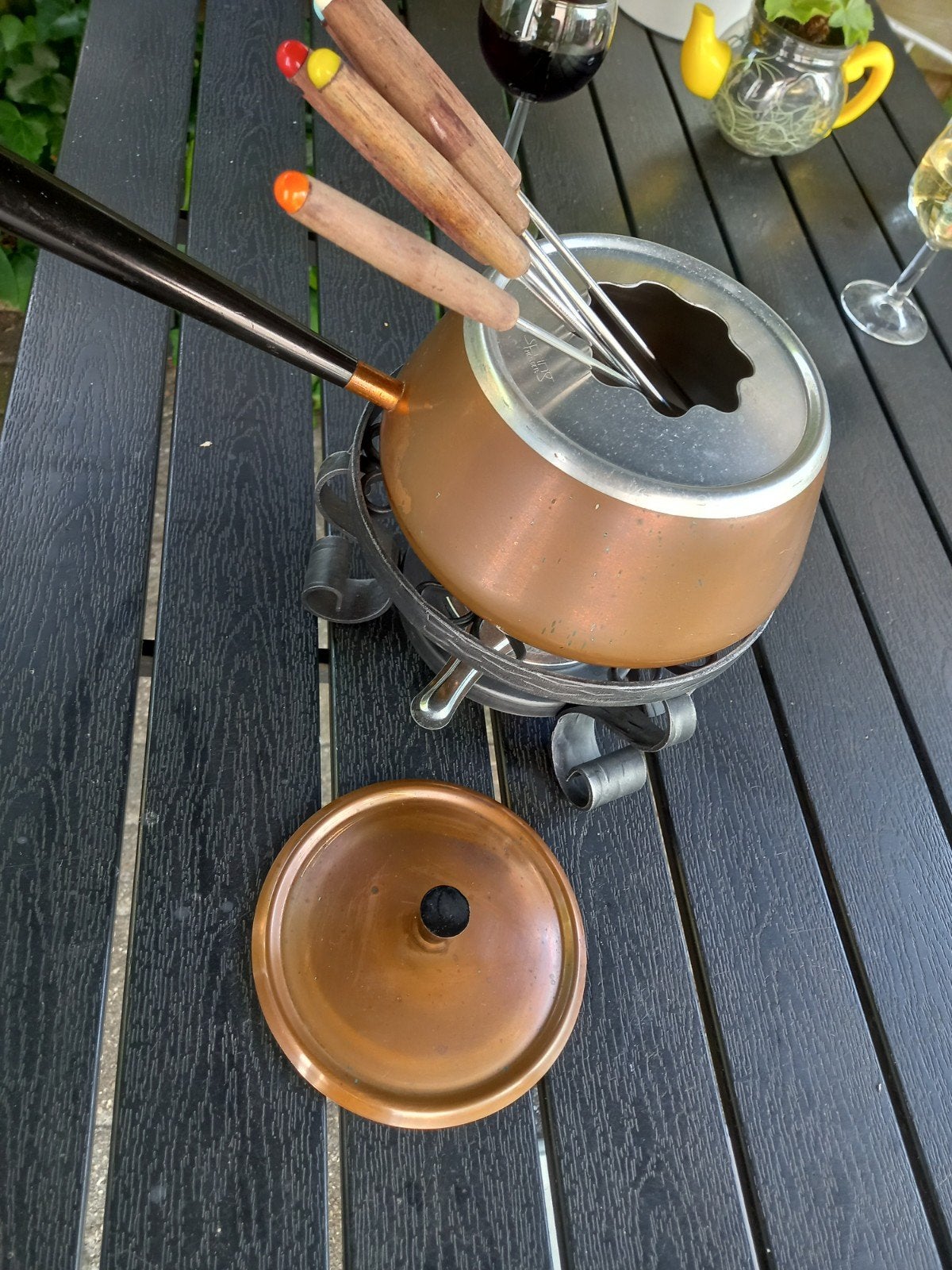 Koperen fonduepan met, Witgoed en Apparatuur, Fonduesets, Ophalen of Verzenden, Brander, Fonduepan