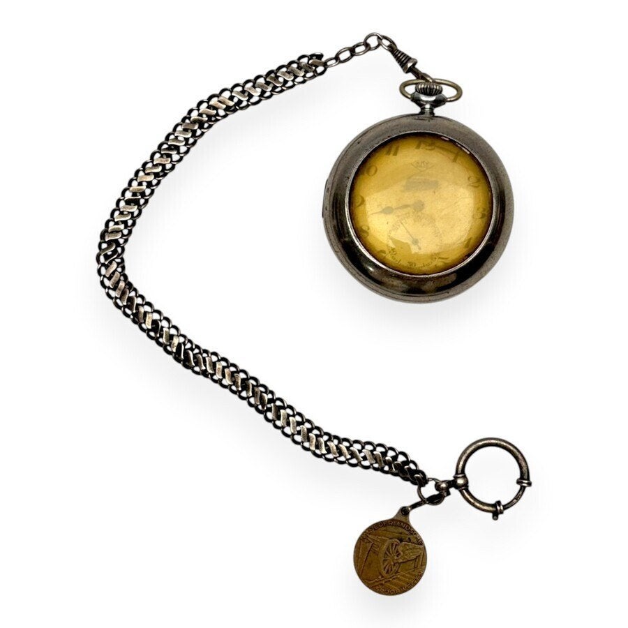 Zakhorloge met zilveren chatelaine en bronzen medaille, Ophalen of Verzenden, Zilver