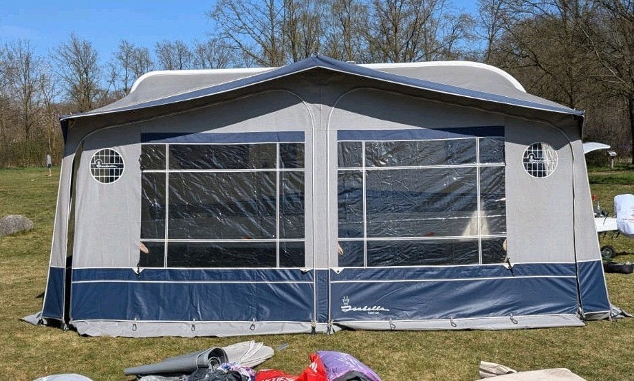 Ruime Isabella voortent met luifel - Blauw/Grijs G16/900, Caravans en Kamperen, Tenten, Ophalen, Gebruikt