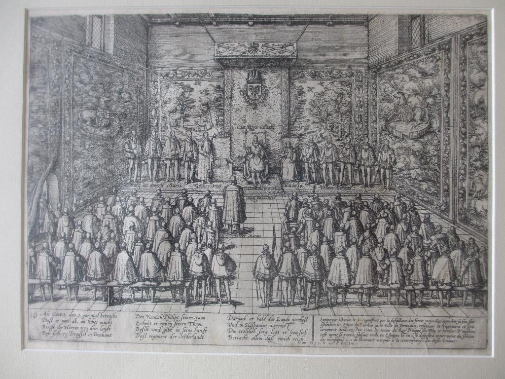 Frans Hogenberg Troonsafstand van keizer Karel V, 1555, Ets, 42 cm, Ophalen of Verzenden, Ingelijst