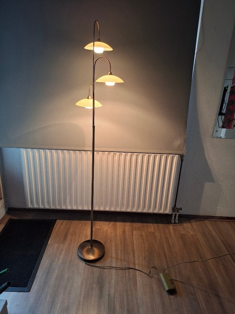 retro/vintage messing 3 arms booglamp, Huis en Inrichting, Ophalen, Gebruikt, Glas, Overige fittingen
