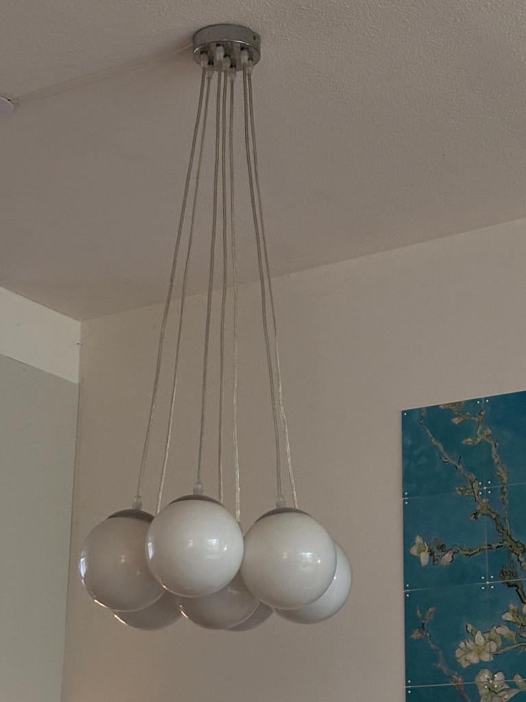 Hanglamp met 7 glazen bollen, Ophalen, Gebruikt, Glas, 75 cm of meer