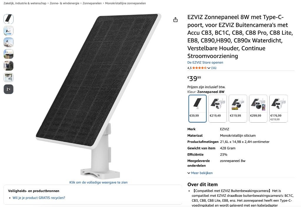 Ezviz Zonnepaneel 8 Watt met type C-poort nieuw in doos, Audio, Tv en Foto, Nieuw, Overige merken, Oplader, Inclusief stroomkabel