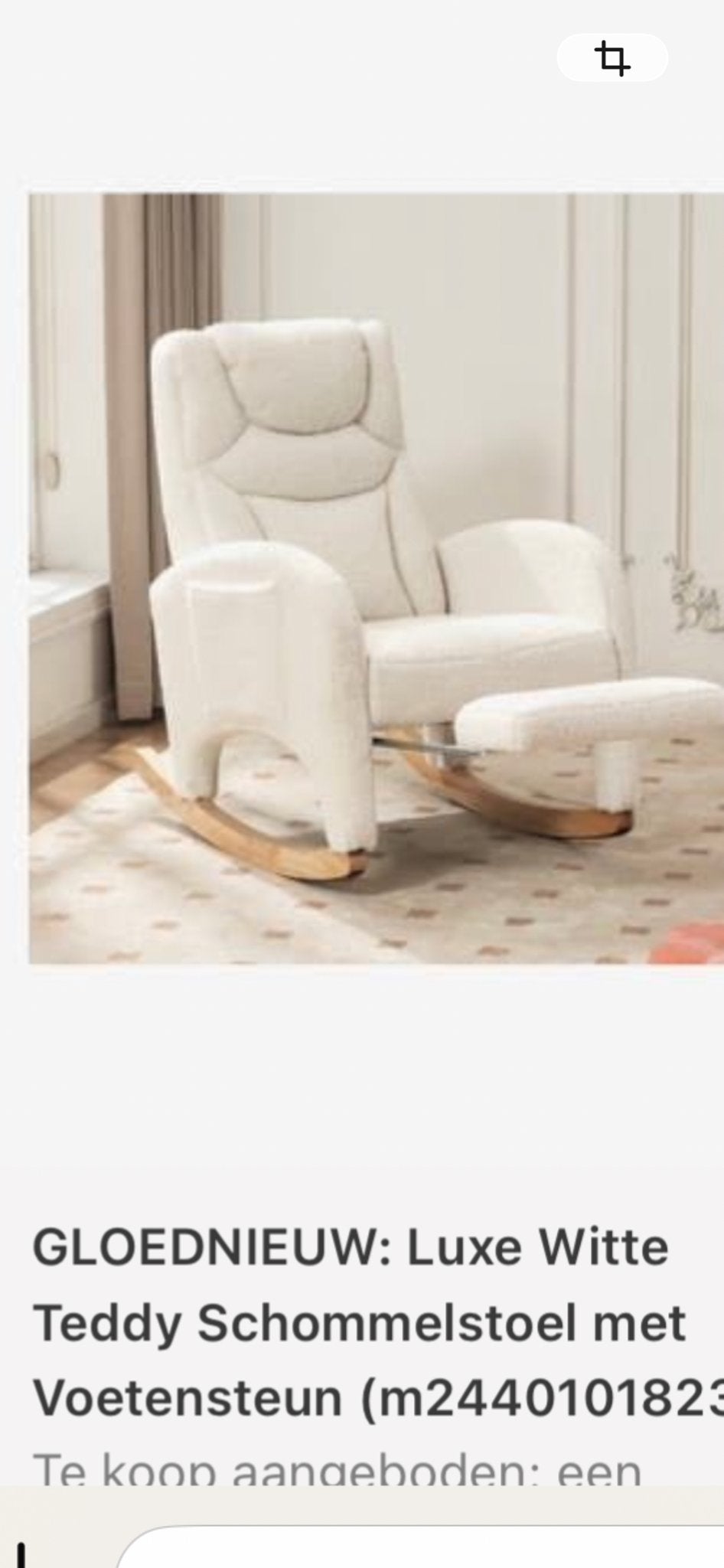 Luxe Witte Teddy Schommelstoel met Voetensteun, Ophalen, Wit, Nieuw, Eén
