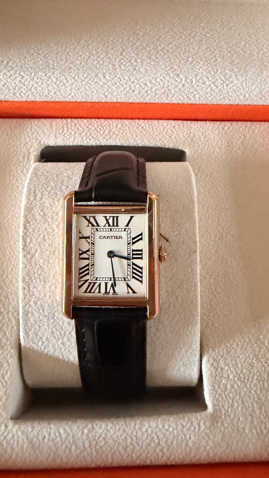 Cartier Tank Solo Roségoud met Zwart Leren Bandje, Overige merken, Leer, Polshorloge, Ophalen of Verzenden