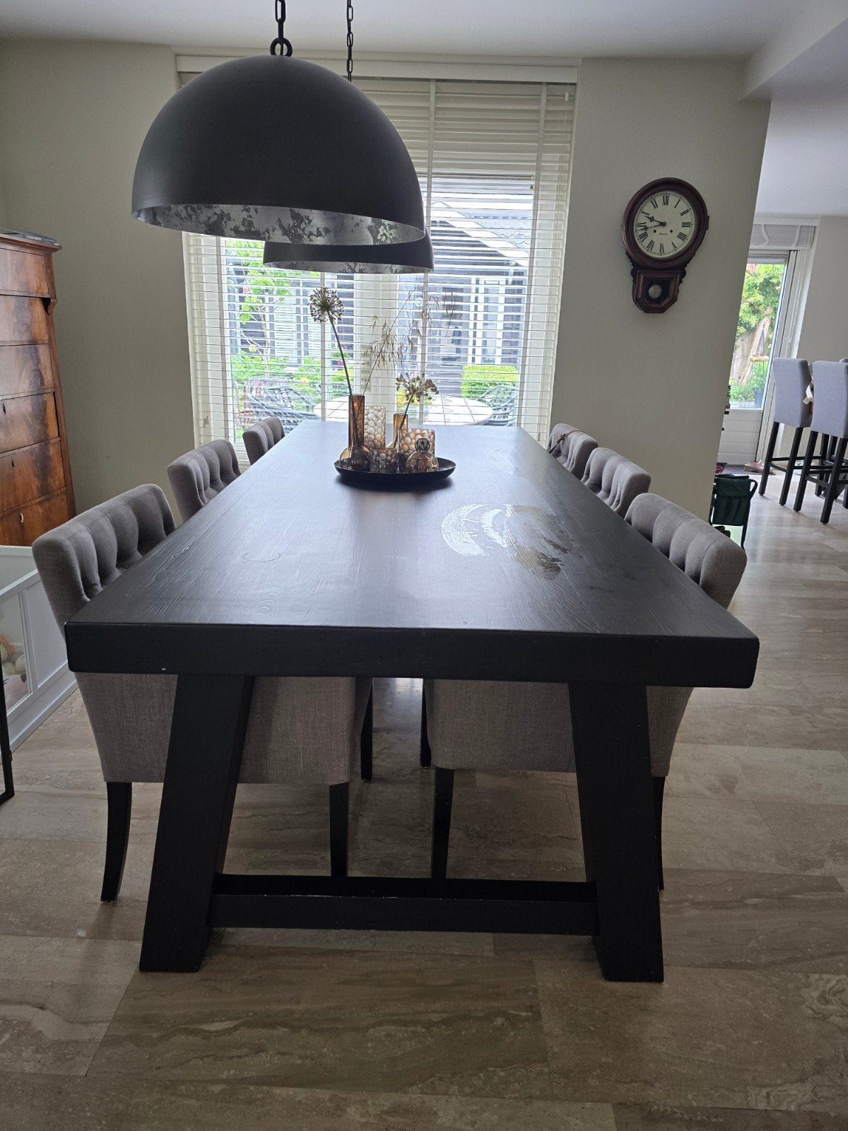 Grote zwarte eettafel met 6 stoelen Keijzer en Co tafel 280x, Gebruikt, 100 tot 150 cm, 200 cm of meer, Ophalen of Verzenden