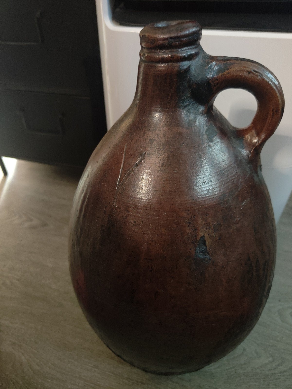Grote antieke aardewerken kruik met handvat hoog 50 cm, Ophalen