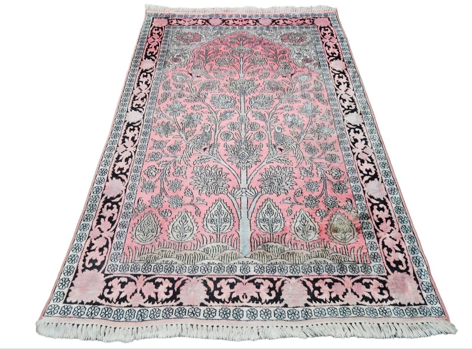 Handgeknoopt oosters Kashmir zijde tapijt pink 125x186cm, Gebruikt, 100 tot 150 cm, Perzisch, Vintage, Oosters, Www.hypepopup.nl