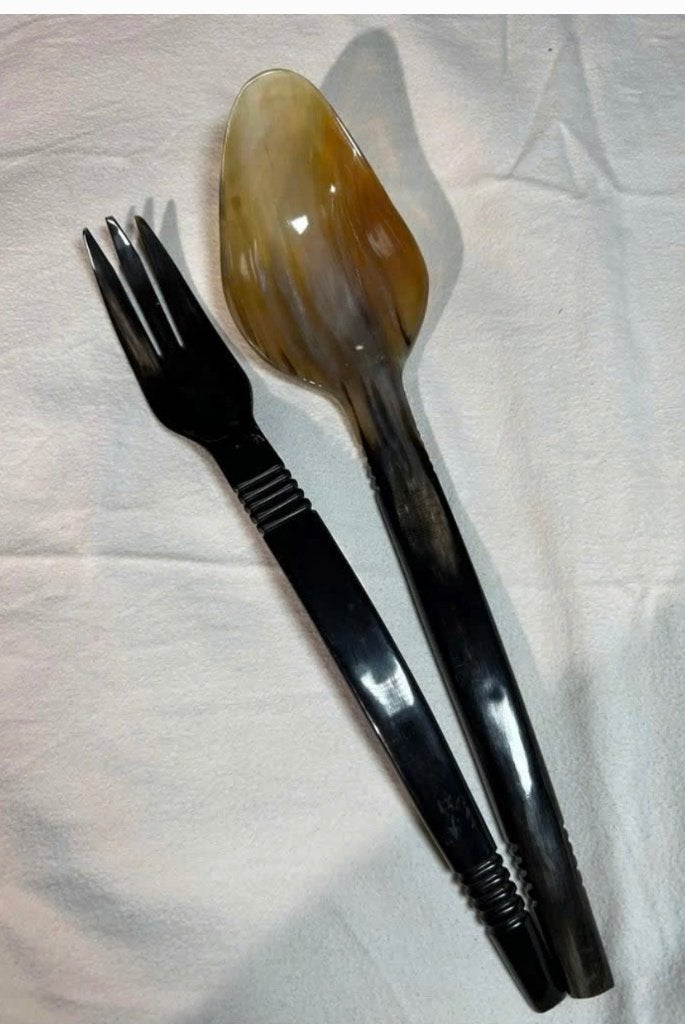 Prachtige set van Buffelhoorn, bestek set, lang 33 cm, Ophalen of Verzenden